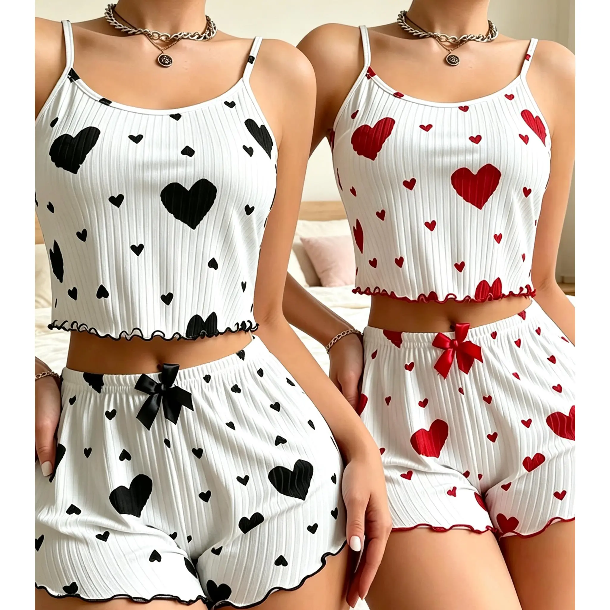 Women'S Two-Piece Pajama Set, Camisole Pajamas, Heart Print Loungewear, Camisole And Shorts, Casual Wearable Women'S Pajama Set For Girlfriend,Wift Pajamas Gift