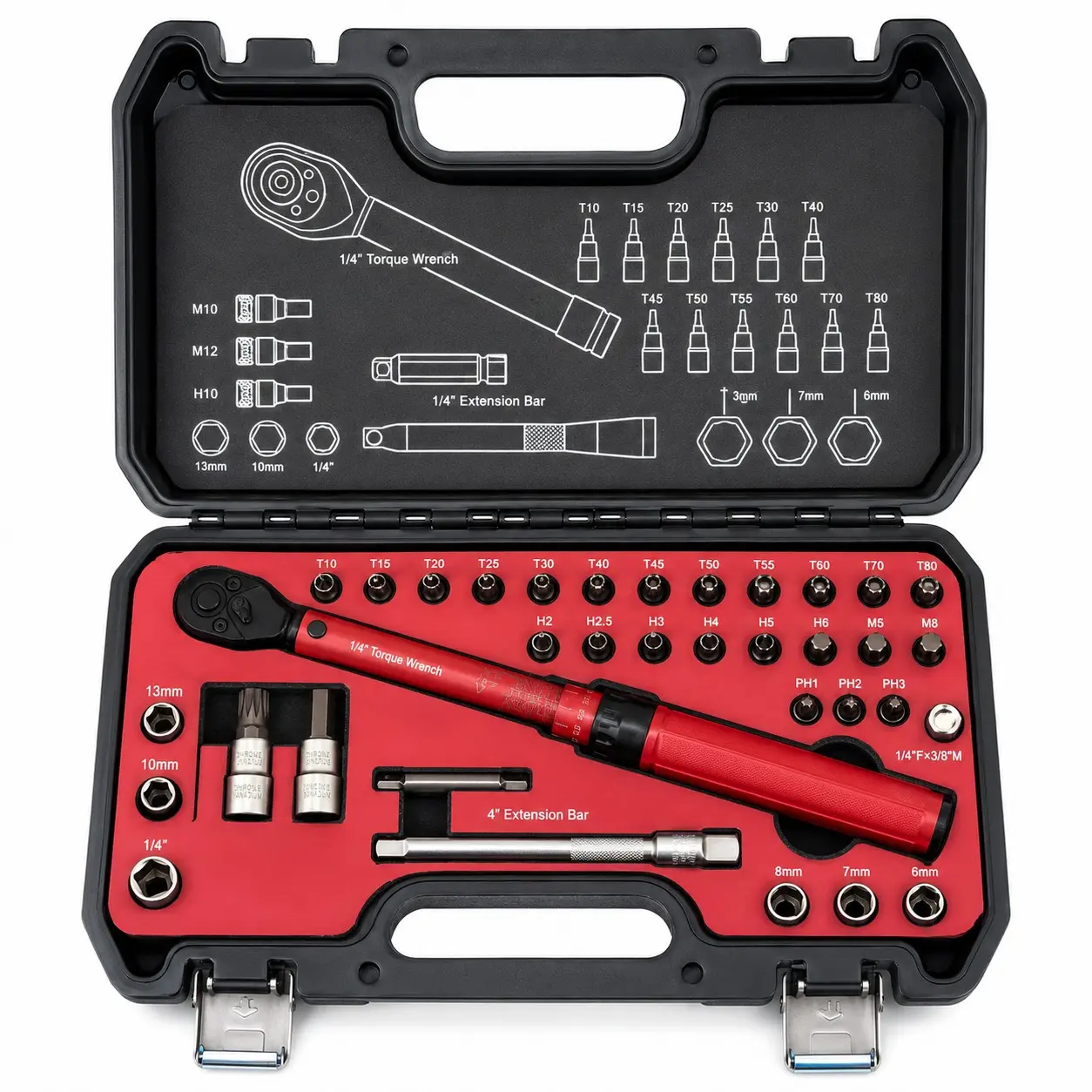 32-Piece 1/4 Inch Drive Torque Wrench Set, 20-200 In-Lb Range, ±3% Accuracy, Includes Bits, Sockets, Extenders, for Auto, Motorcycle, Bike Repair