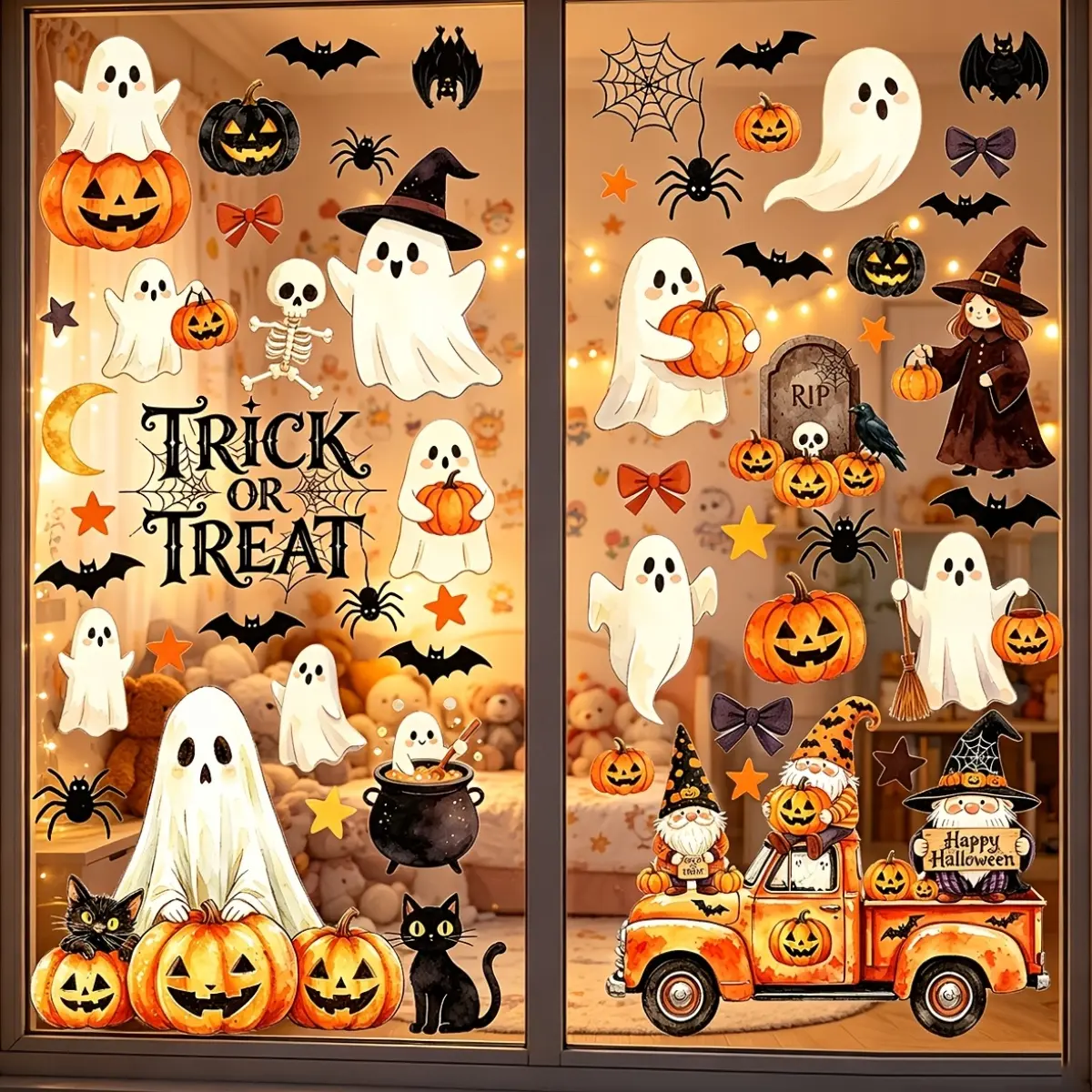 6 Sheets Total 56 Unique Designs Halloween Static Window Clings, Watercolor Prints with Pumpkins, Ghosts, Witches, Elves, Trucks, Black Cats, Spider Webs & Tombstones | Glue-Free, Removable & Reusable, Ideal Indoor Home & Halloween Party Decor Supplies