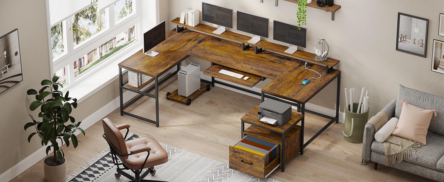 SEDETA 101.5 in. U-Shaped Computer Desk Reversible L-Shaped Desk  L-Shaped Executive Desk, Large Office Desk with Drawers and Lateral File Cabinet, Business Furniture with Storage Shelves, Modern Computer Desk for Home Office