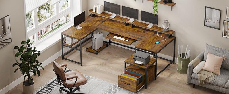 SEDETA 101.5 in. U-Shaped Computer Desk Reversible L-Shaped Desk  L-Shaped Executive Desk, Large Office Desk with Drawers and Lateral File Cabinet, Business Furniture with Storage Shelves, Modern Computer Desk for Home Office