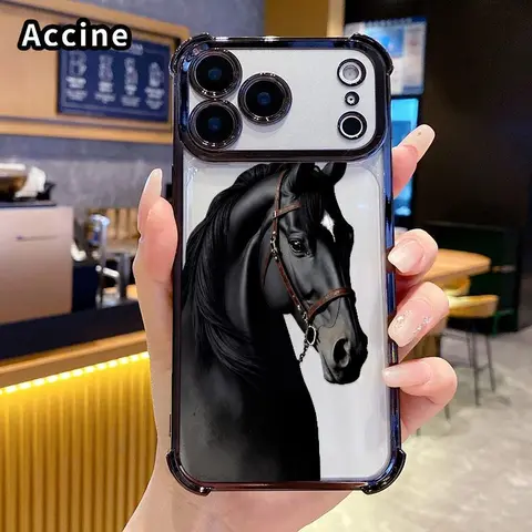 4-Corner Shockproof TPU Smartphone Casing - Anti-Drop, Lightweight Noble Black Steed Pattern Protector for iPhone 18/17/16 Pro Max/16 Plus/15 Plus/14/13/12/11/E/Air, Flexible Accessory for Cellphone Devices with Full Coverage & Impact Absorption