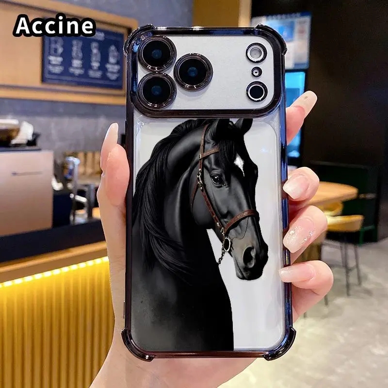 4-Corner Shockproof TPU Smartphone Casing - Anti-Drop, Lightweight Noble Black Steed Pattern Protector for iPhone 18/17/16 Pro Max/16 Plus/15 Plus/14/13/12/11/E/Air, Flexible Accessory for Cellphone Devices with Full Coverage & Impact Absorption