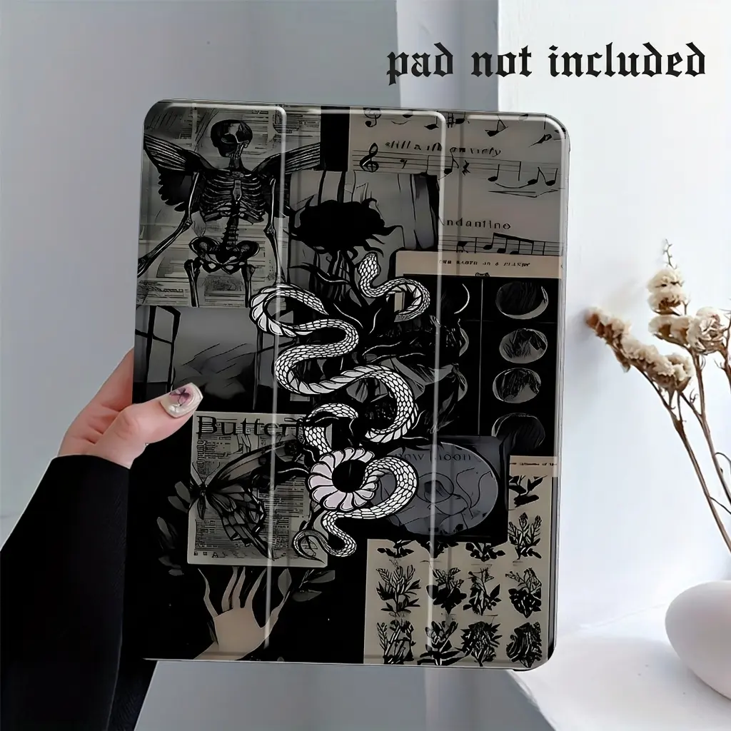 Gothic Skeleton Snake Design iPad Case, Casing, Three-tiered stand iPad case, Transparent Acrylic Hard Back Panel With Pencil Slot, Suitable for All models of ipad Scratch-resistant Protective Case, Shock-resistant Full Cover, Tablet Accessories