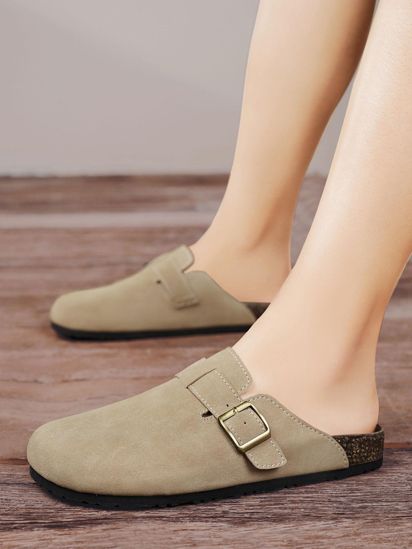 Men's Gray Suede Buckle Cork Insole Mules, Casual Comfort Style, Suede Material + Cork Insole + Metal Buckle + Non-Slip Sole, Comfortable Breathable, Simple Versatile , Ideal for Daily Home & Light Leisure Outings, Casual Shoes Clogs