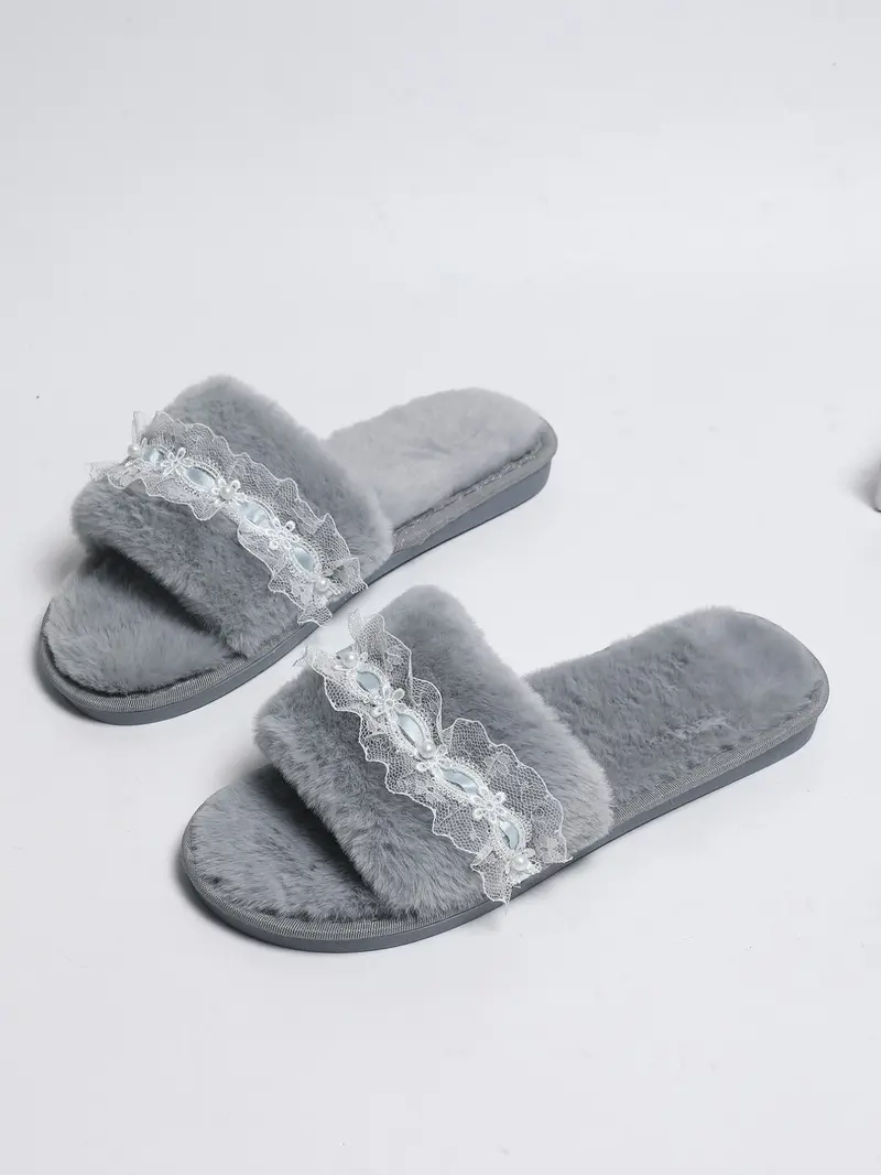 New Lace Plush Slippers, Girl's Heartfelt Home One-Strap Slippers, Princess Style Pearl Lace Plush Slippers, Fashionable and Cozy