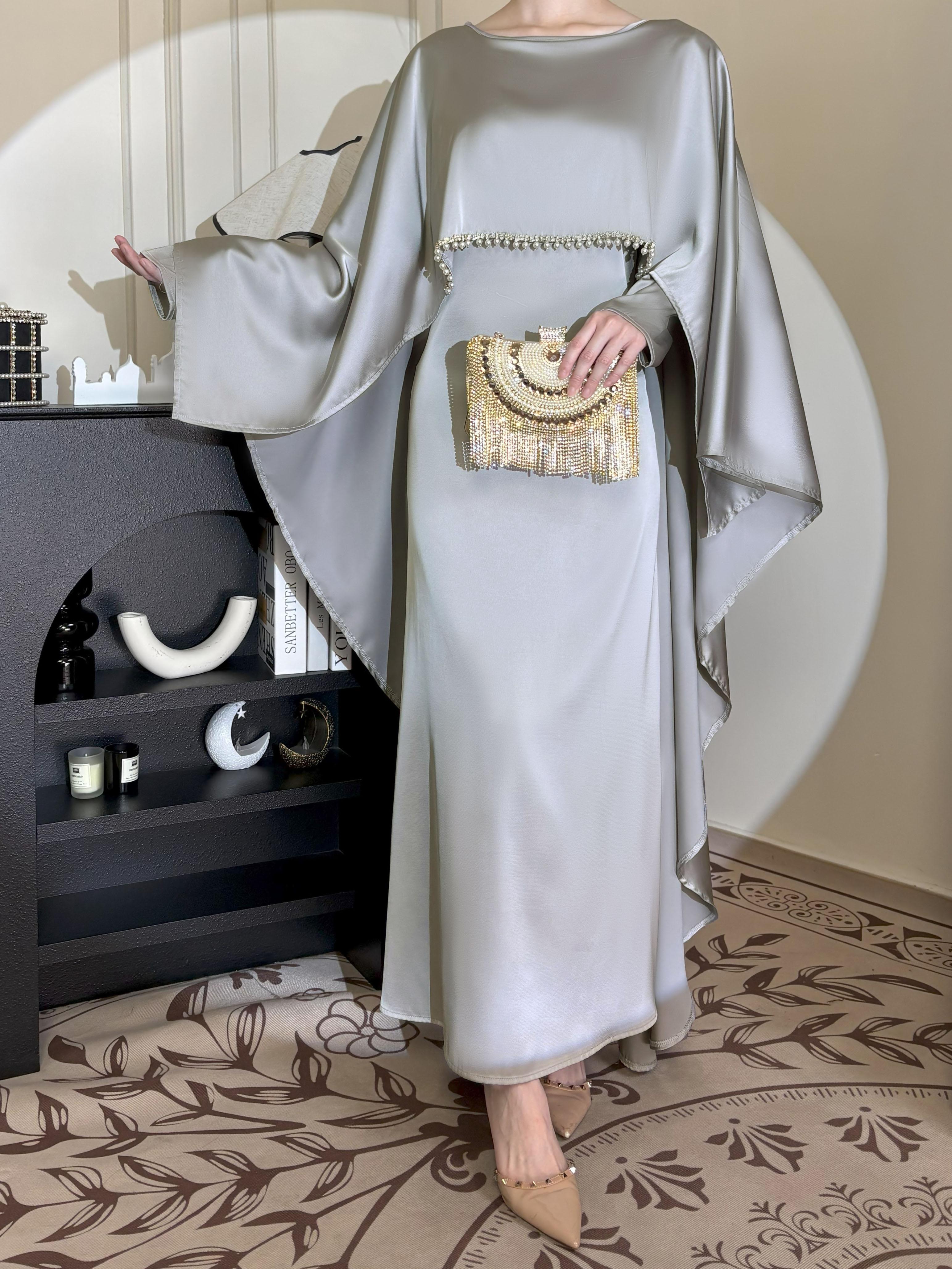 CL43 Satin cape elegant Muslim dress, Modest Party Open Butterfly Pearl rhinestone Abayas, For Evening Party/Wedding Guest/Anniversary,Unique design, luxurious texture,Fashionweek