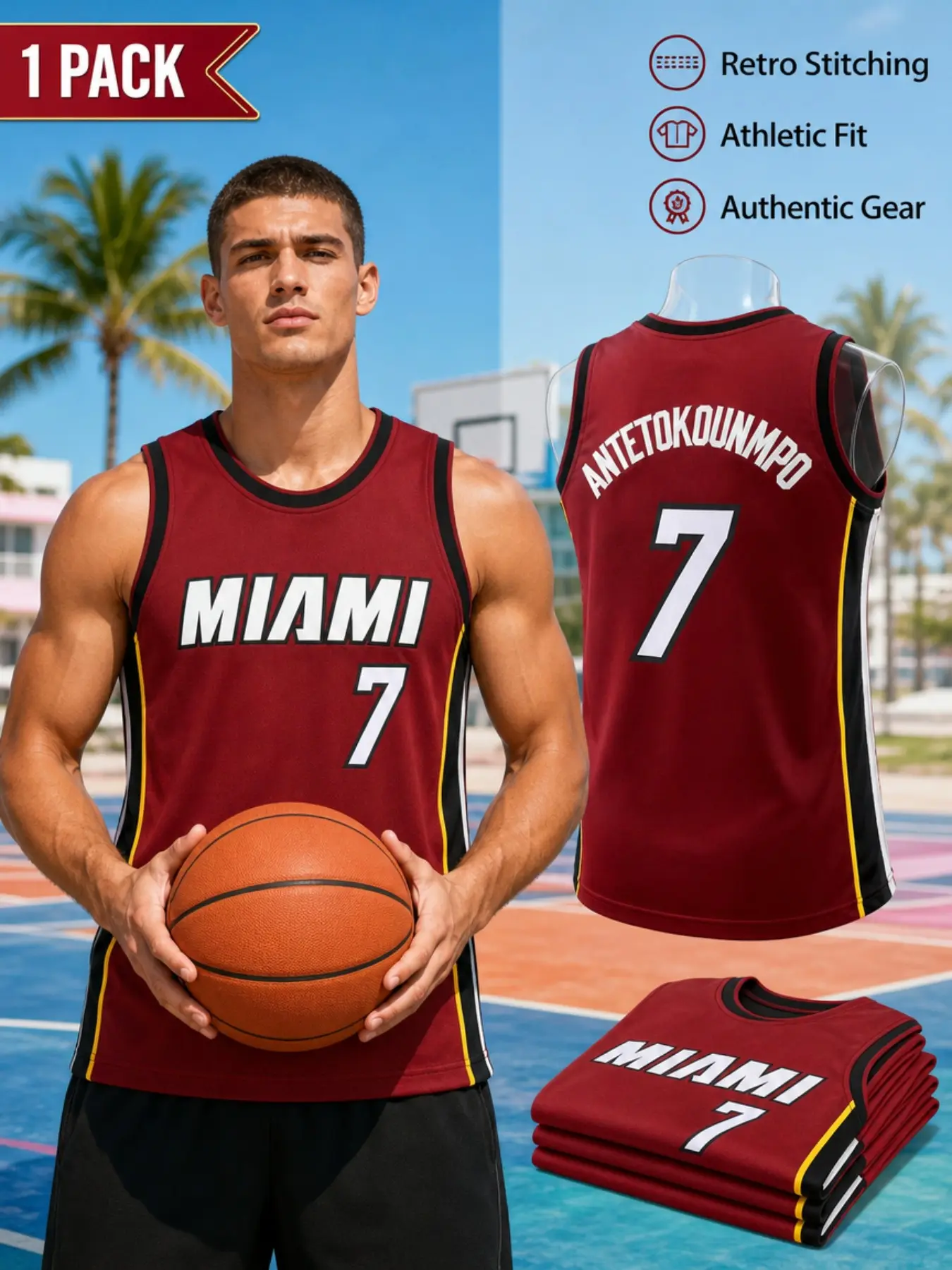 Men's Retro Miami #7 Basketball Jersey, Stitched Number Breathable Mesh Athletic Top, Classic Sleeveless Fan Apparel for Sports & Daily Casual Wear