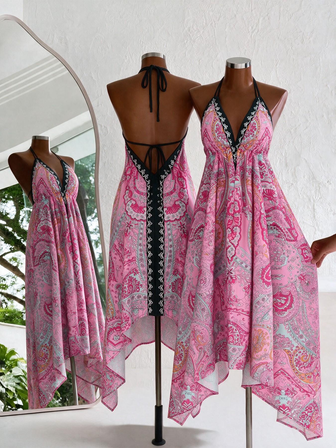 Women's Summer Boho Print Halter Long Dress, Deep V Backless Waist Cinch Sexy Dress, Perfect for Beach Vacation, Date, Daily Wear, Hiking, Boho Printed Dress