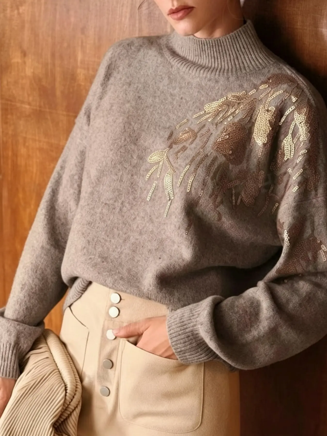 Women's Half High Neck Sequin Embroidered Loose Knit Sweater, Luxe Vintage Lazy Chic Style, Warm and Comfortable, Fall Winter Daily Wear
