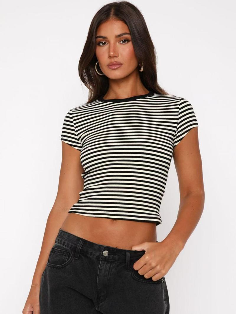 Women's Striped Print Crew Neck Crop Tee, Casual Slim-fitting Short Sleeve T-shirt, Ladies Summer Clothes for Daily Wear, Round Neck Top