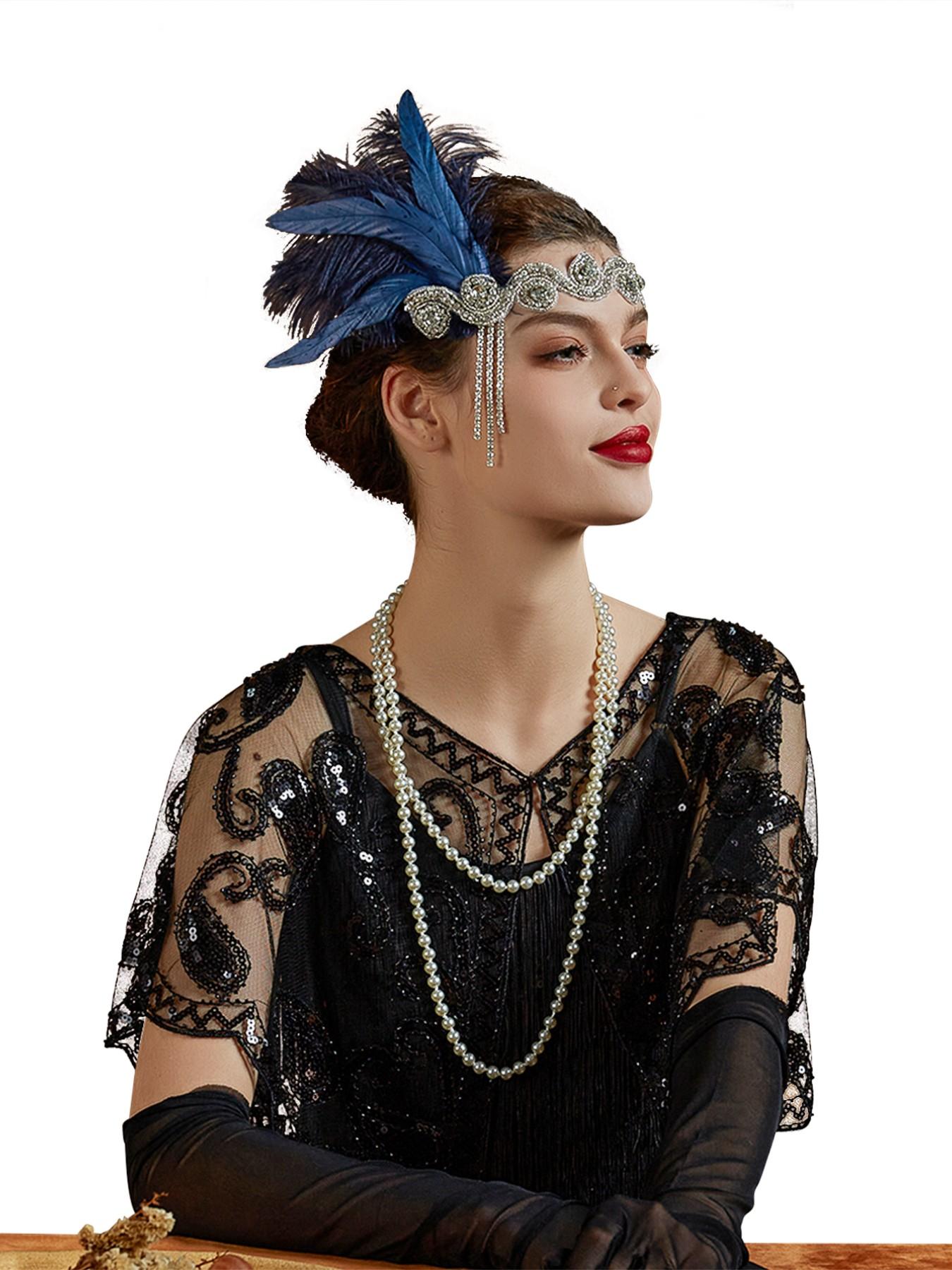 1920s Headpiece Flapper Headband, Rhinestone Pearl Feather Hair Band Great Gatsby Headpiece Accessoreis for Women,Champagne