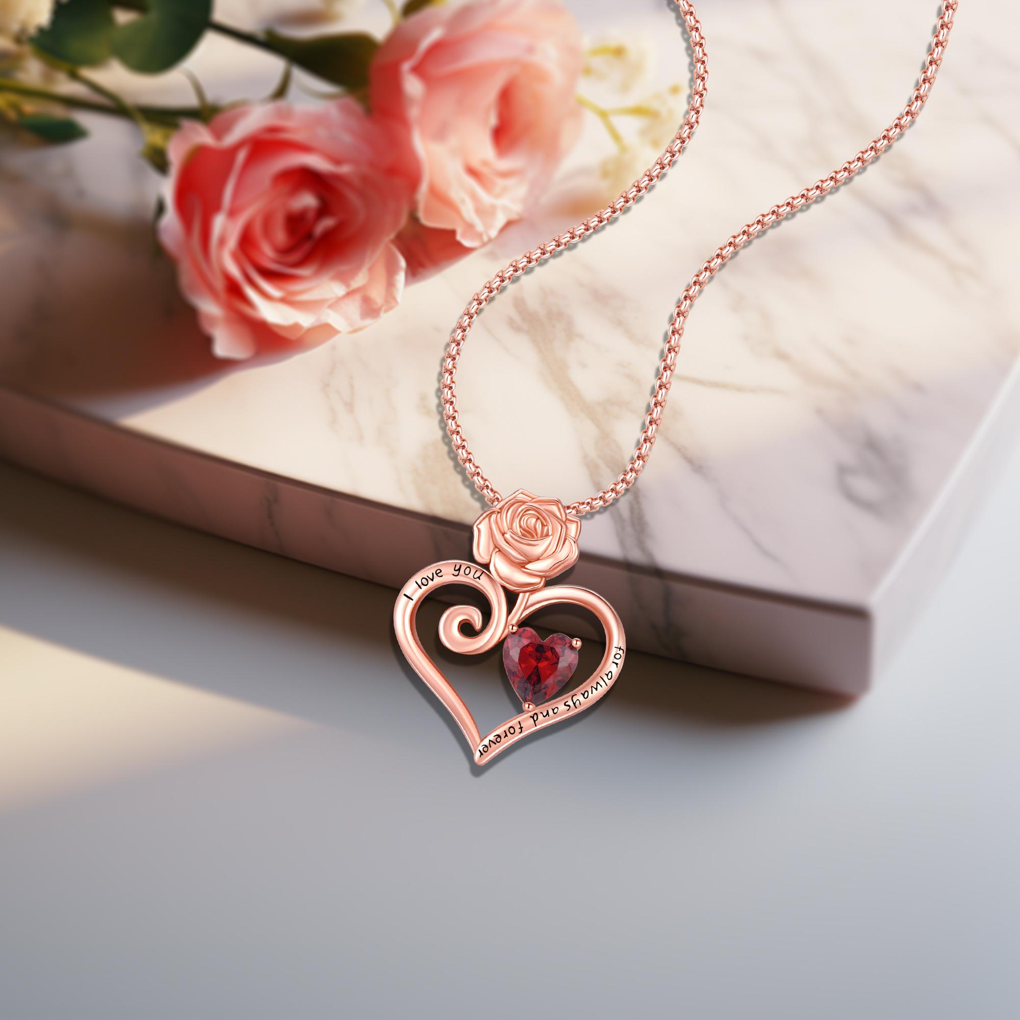 DRINSPER Rose Heart Necklace Rose Pendant Necklace I Love You Forever and Ever for Women Anniversary Birthday Mothers Day Gifts Jewelry for Wife Girlfriend Sister