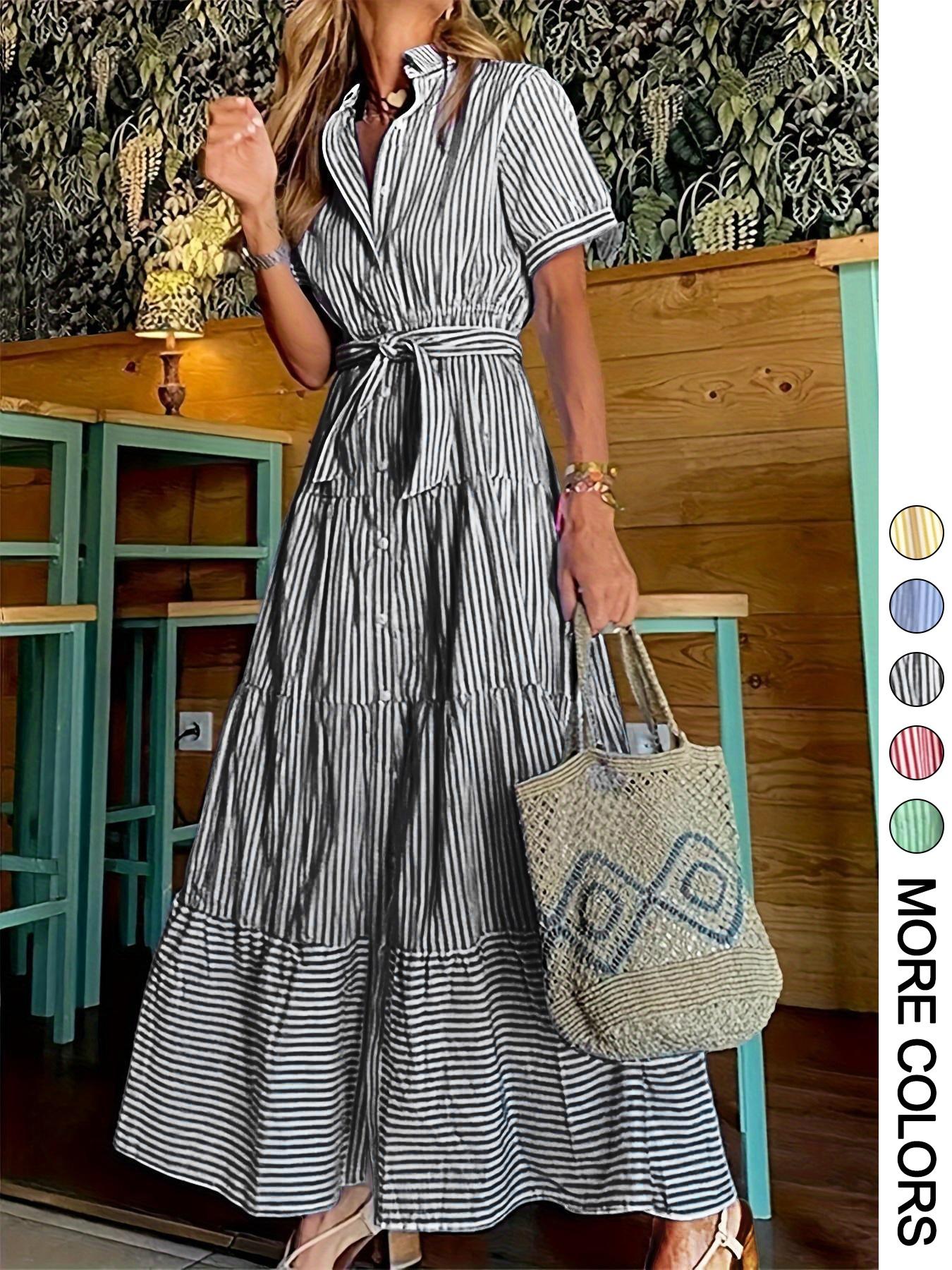 Women's Striped Print Adjustable Belted Button Dress, Elegant Casual Long Dress for Summer, Women's Clothing for Daily Wear, Fit, Womenswear Women's Striped Print Adjustable Belted Button Dress, Elegant Casual Long Dress for Summer, Women's Clothing for Daily Wear, Fit, Womenswear