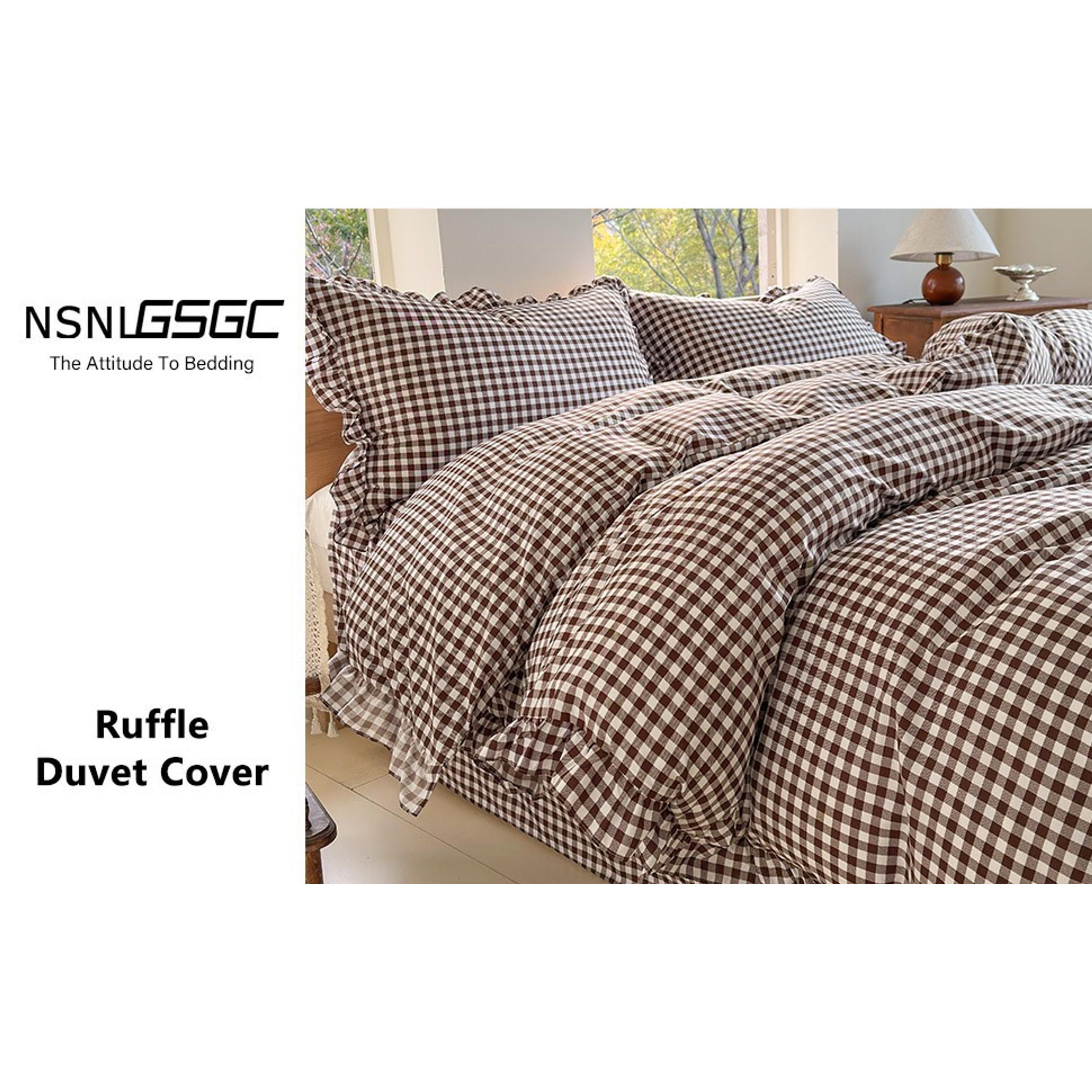 Mocha Gingham Ruffle Queen Duvet Cover Bedding Set, Soft Breathable Pre-Washed Microfiber with Checked Plaid Design Mocha Gingham Ruffle Queen Duvet Cover Bedding Set, Soft Breathable Pre-Washed Microfiber with Checked Plaid Design
