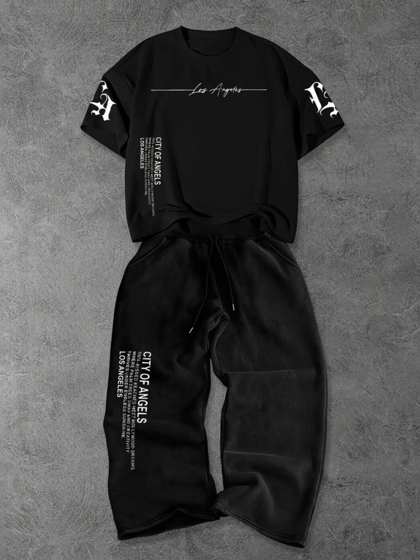 Men's Casual Loose-Fit Two-Piece Set, Short Sleeve T-Shirt & Wide-Leg Pants with Prints, Breathable Streetwear for All Seasons