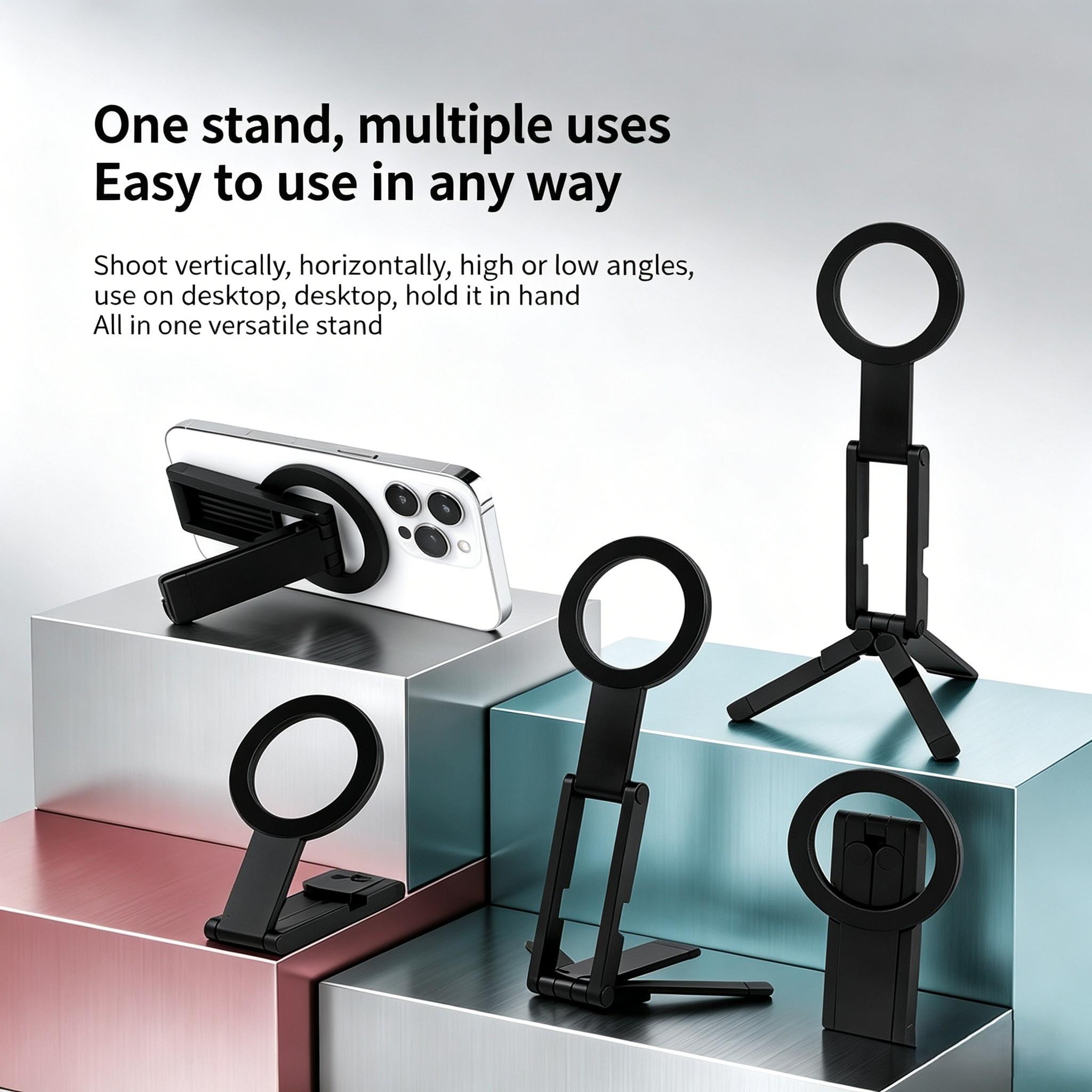 Pocket Magnetic Phone Tripod, Portable Photography Stand for iPhone, Magsafe Desktop Support, Android Universal Handheld Selfie Stick