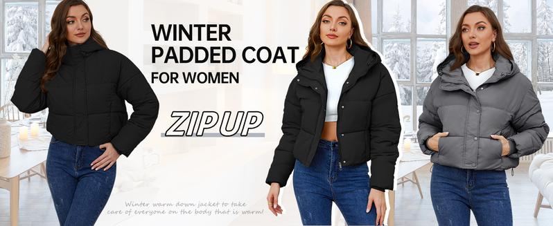 Yimoon Womens Winter Cropped Puffer Jacket Hooded Zip Up Short Warm Quilted Puffer Coat Outerwear Fabric Fits