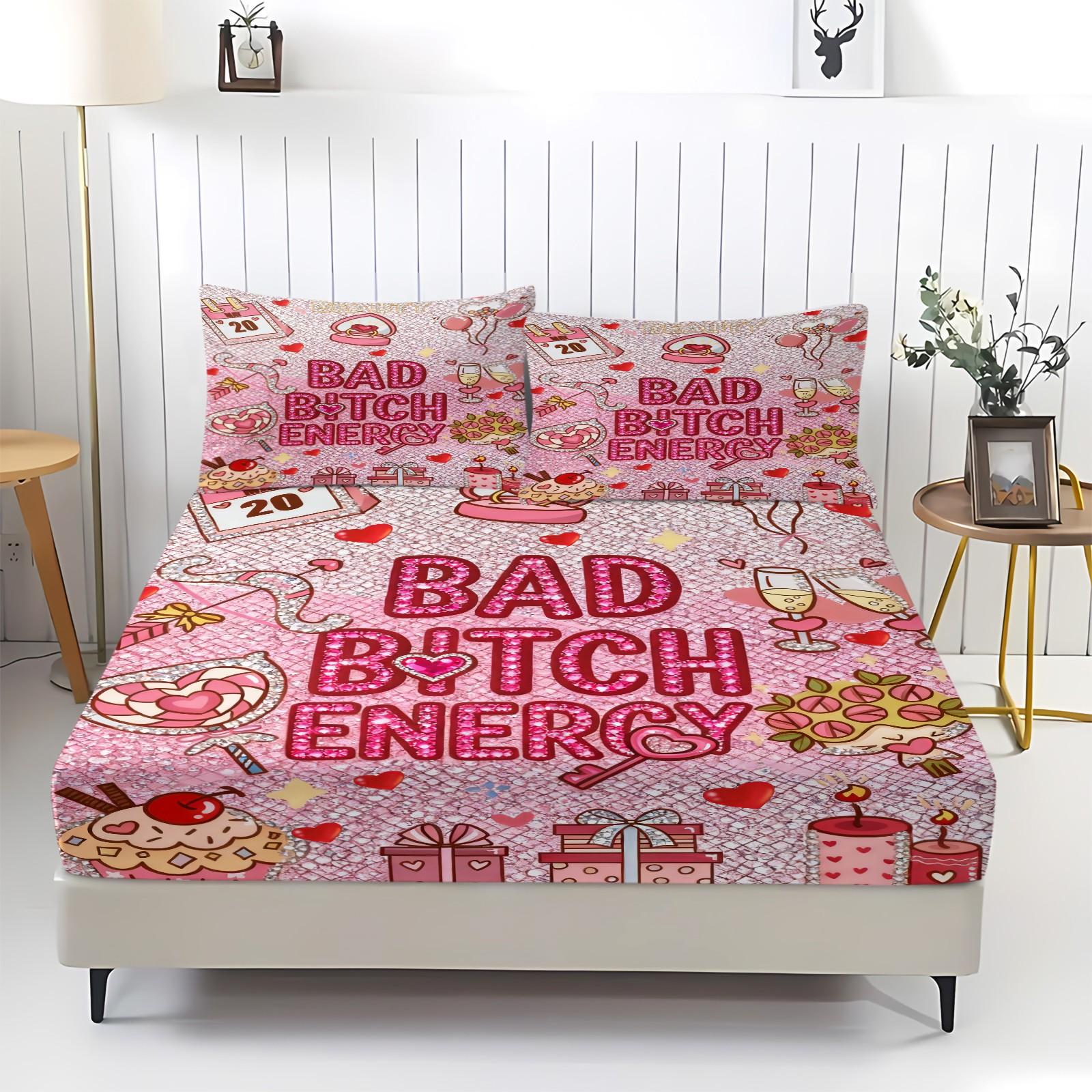 Sparkling Diamond Texture Slogan Print Fitted Sheet Set, Sweet Light Pink Bedding Set, Decorative Bedsheet Sets, Durable Soft Microfiber Bedding, Sweet Colors, Perfect for Room Decoration, 3Pcs Includes Two Pillowcases