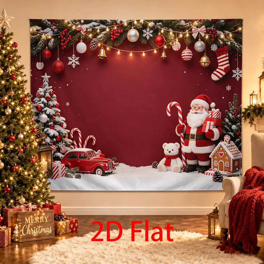 Red Christmas Backdrop, Santa Vintage Car Photo Background with Teddy Bear, Gifts, Candy Canes and Snow