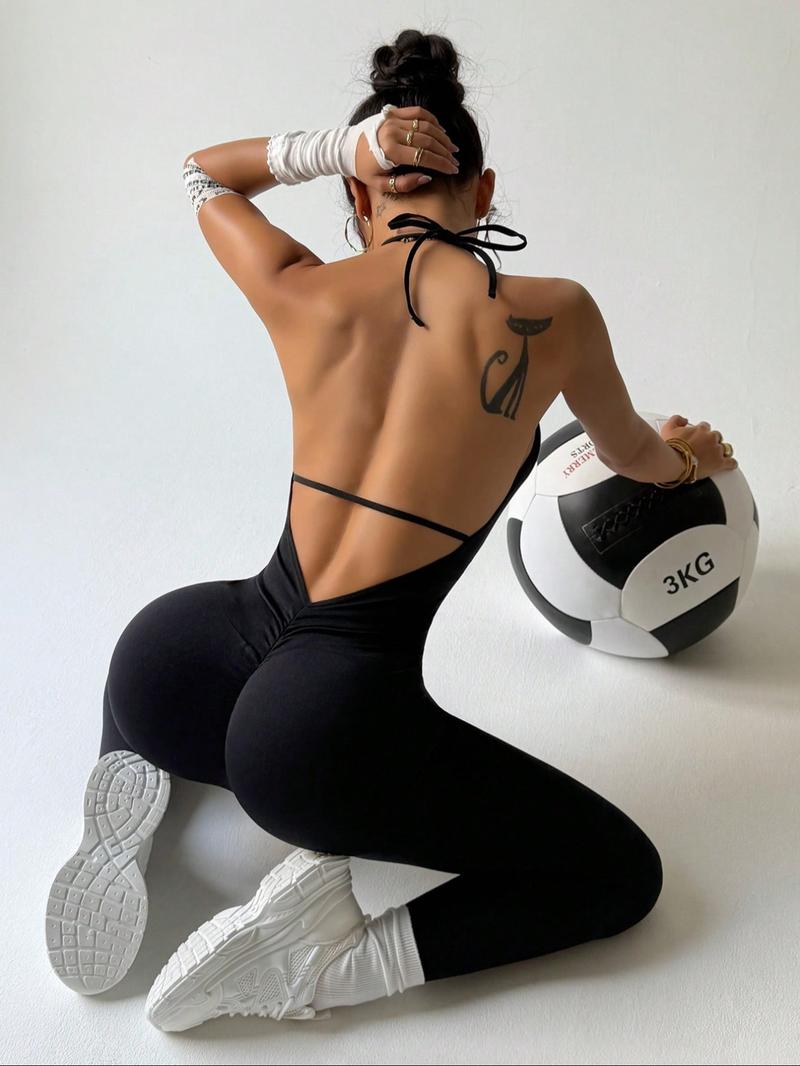 Women's Sexy Backless Halter Jumpsuit, High Elastic Breathable Fabric Jumpsuit, Removable Chest Pad, Stylish Activewear for Fitness, Sporty Jumpsuit, Ruched Sports Jumpsuit, Sporty Comfy Jumpsuit