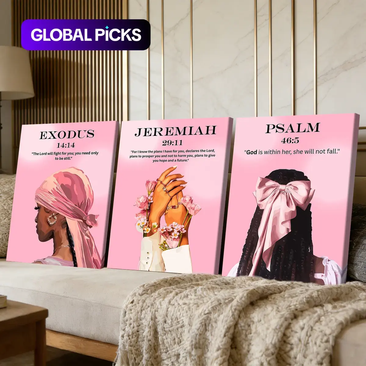 3 Counts Wooden Framed Canvas Paintings, Pink Faith Inspirational Art Prints, Religious Picture Prints, Living Room Decoration, Modern Wall Art Decoration, Waterproof Home Wall Decor, Decorative Artwork, Decoration Items