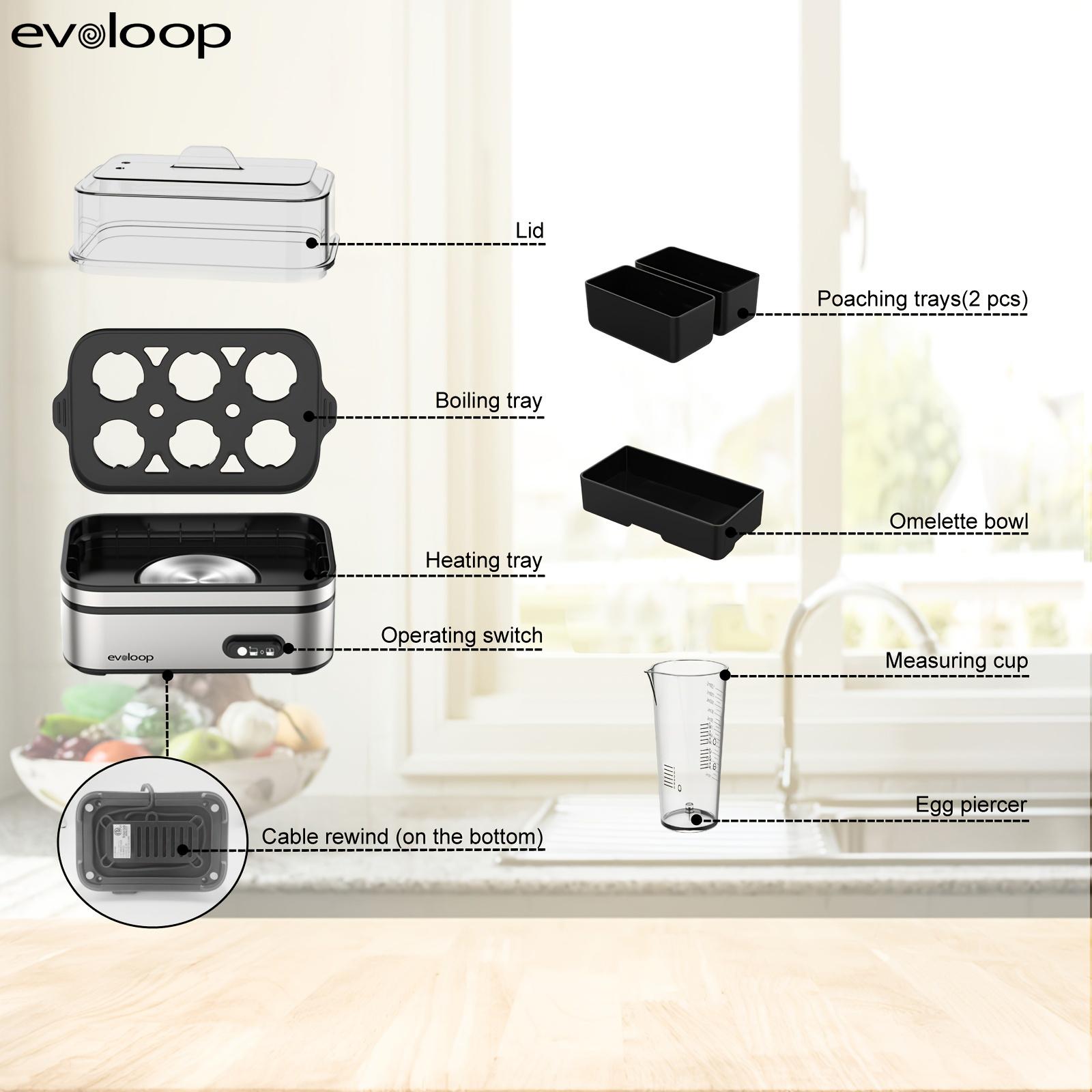 EVOLOOP Rapid Egg Steamer - 6-Egg Capacity, BPA-Free Stainless Steel with Clear Tritan Lid, 400W Electric Egg Cooker for Hard Bo iled, Poached, Scrambled, or Omelette, Includes Measurement Cup & 2 Poaching Trays, Auto Shut Off