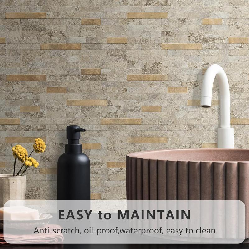 STICKGOO 10PCS Peel and Stick Backsplash, Stick on Backsplash for Kitchen/Bathroom, PVC Mixed Metal Gold Self Adhesive Wall Tiles Decorative Wallpaper