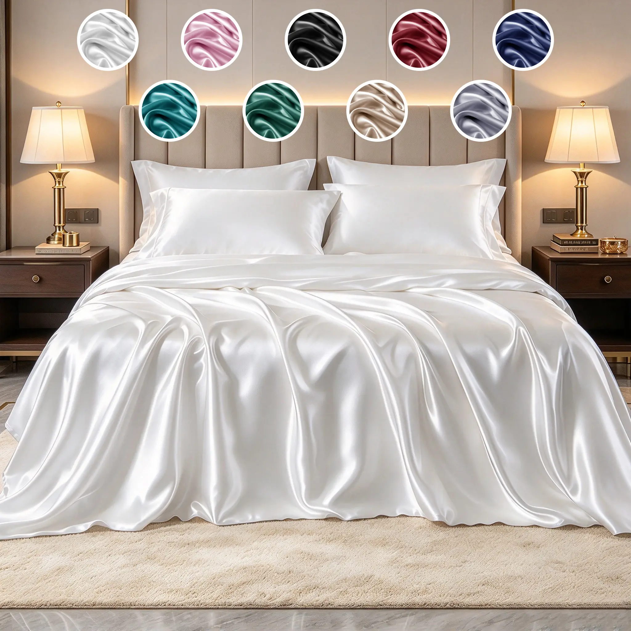 MUXHOMO Satin Sheets Set - 16" Deep Pocket - Luxury Silky Touch Bedding Set: Fitted Sheet, Flat Sheet & Pillowcases, Soft Smooth Silk Feel, All-Around Elastic Snug Fit