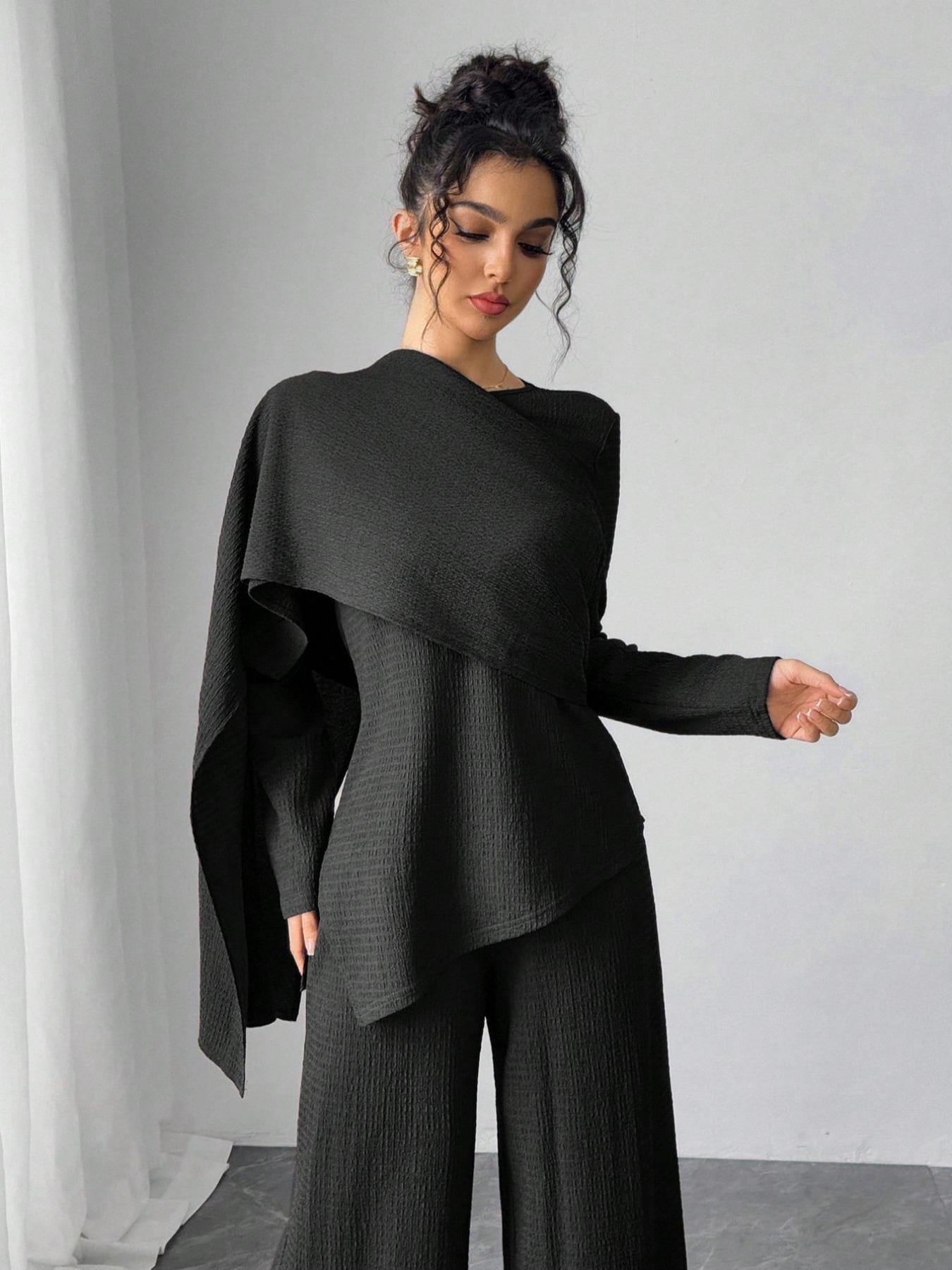 Asymmetric Design Shawl Set, High-End Casual Three-Piece, Textured Top & Wide-Leg Pants, Stylish Daily Wear