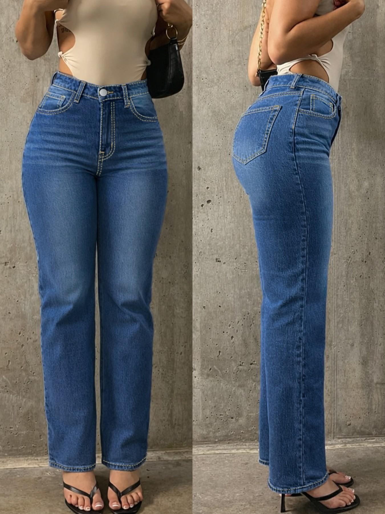 Spring Summer Fashion Casual Fitted Light Blue Denim Straight Leg Pants for Women, Comfortable Elastic Waist Jeans for Daily Wear Womenswear