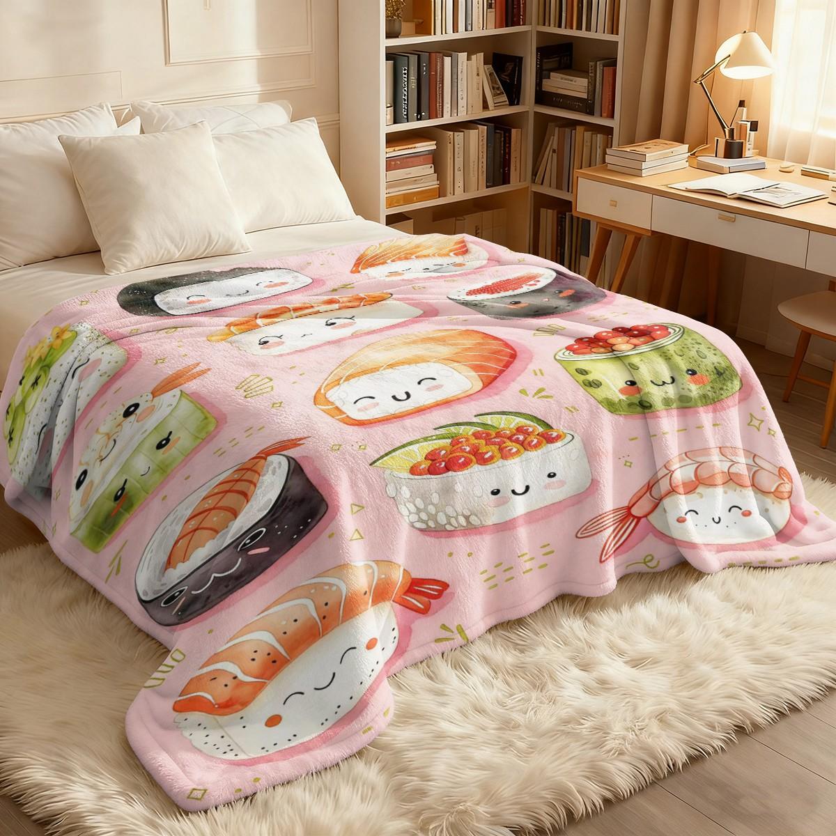 Cute Sushi Pattern Flannel Blanket, Soft Skin-Friendly Warm, Easy to Store, Multi-Scene Home Office Travel Throw, Suitable for Sushi Lovers