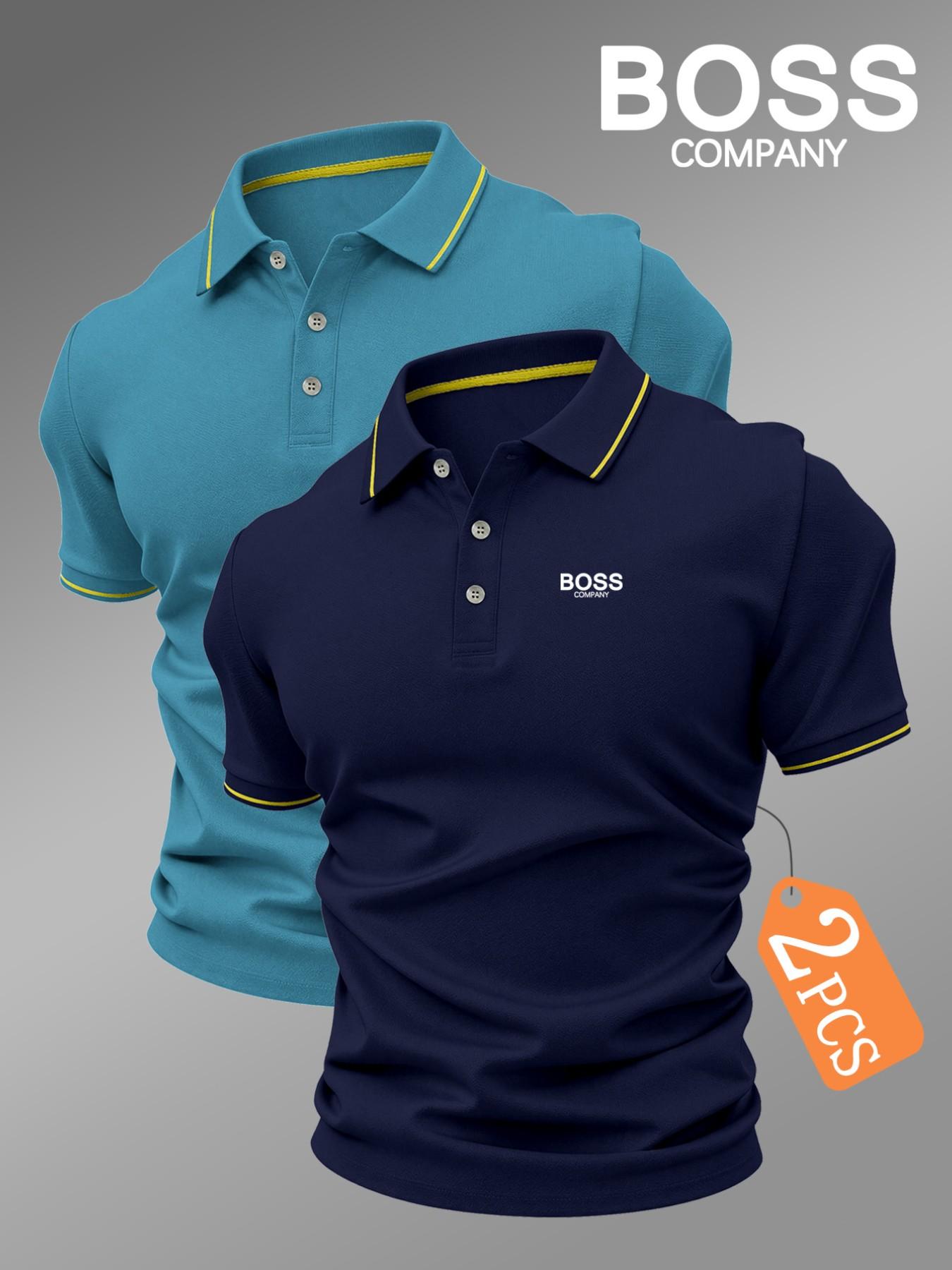 New Men's Golf Polo Shirt Set, Fashionable Boss Logo Print, Collared Stretch Casual Breathable All-Season Comfortable High-Quality Polo Casual Polo Shirts