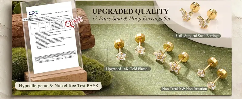 12 Pairs 7mm Gold-Toned Stackable Stainless Steel Earrings - Hypoallergenic Surgical Steel 14K Gold Studs, Flat Back Helix Studs, Earrings for Women, Body-Safe Corrosion Resistant Daily Elegance Jewelry