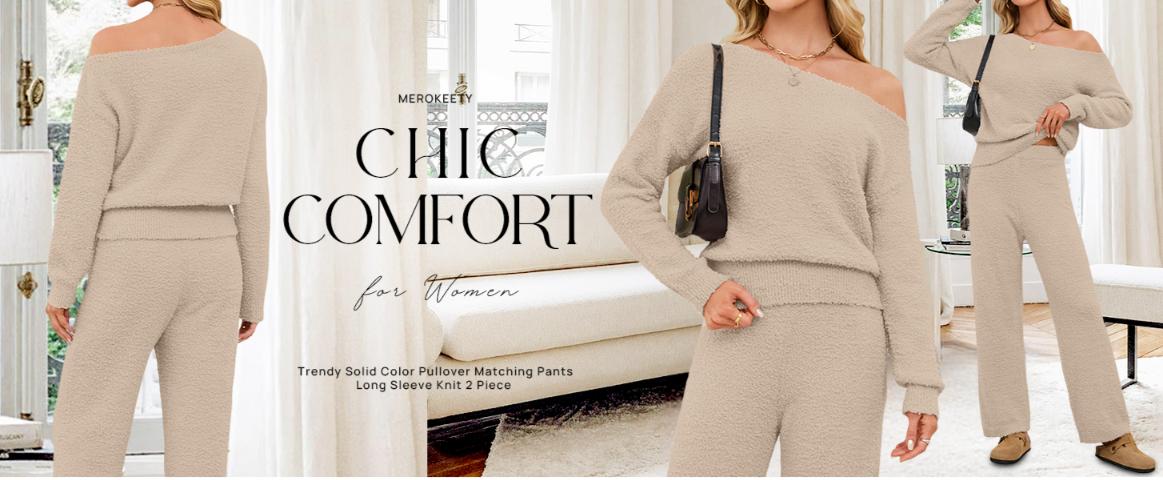 MEROKEETY Women's Fall Pajama Set Fuzzy Fleece 2 Piece Loungewear Off Shoulder Sweater Tops Wide Leg Pants Matching Outfits