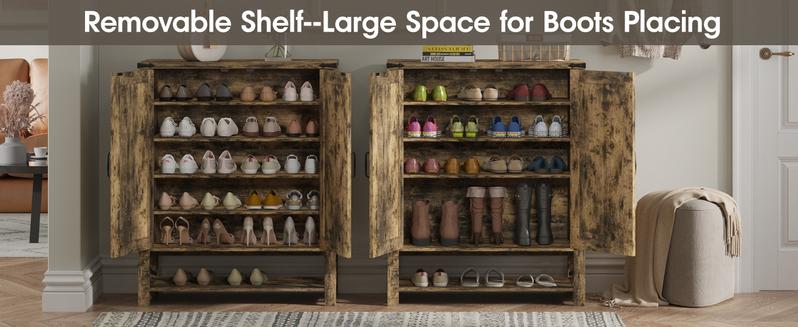 Vabches Shoe Cabinet with Doors, 6-Tier Farmhouse Shoe Storage Cabinet with Adjustable Shelves, Shoe Shelf, Wooden Shoe Rack Organizer Cabinet for Entryway, Foyer, Hallway, Living Room, Brown