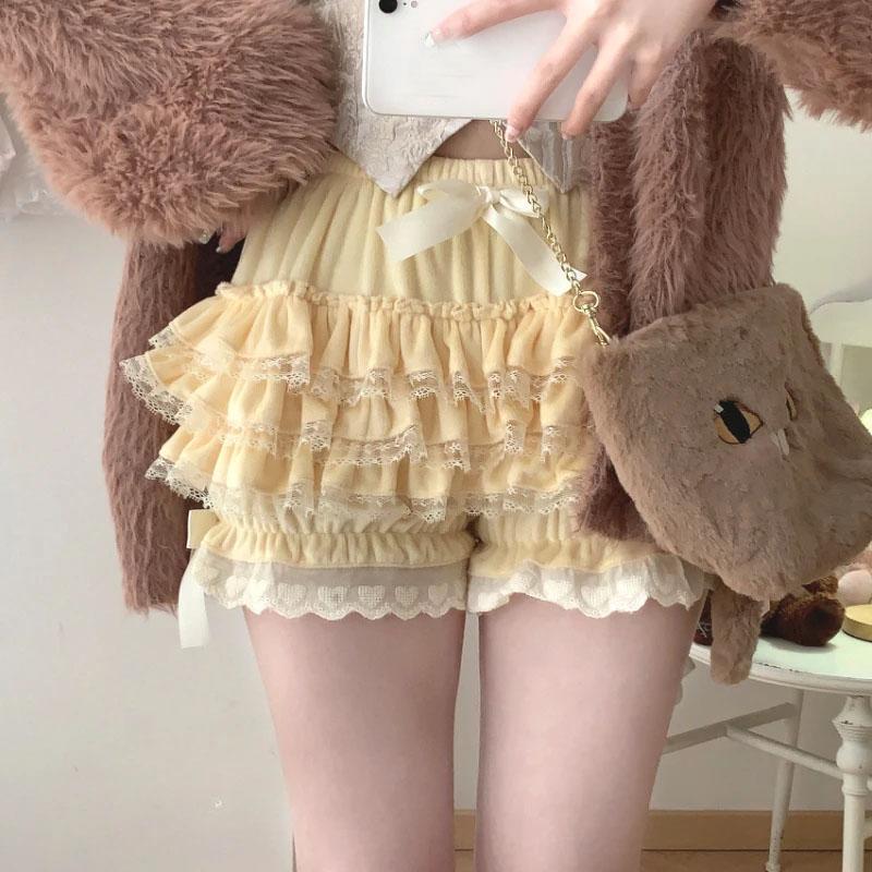 Autumn Winter Warm Lolita Safety Short Pants Women Sweet Chic Plush Bloomers Japanese Y2k Lace Bow Knickers Harajuku Cute Shorts
