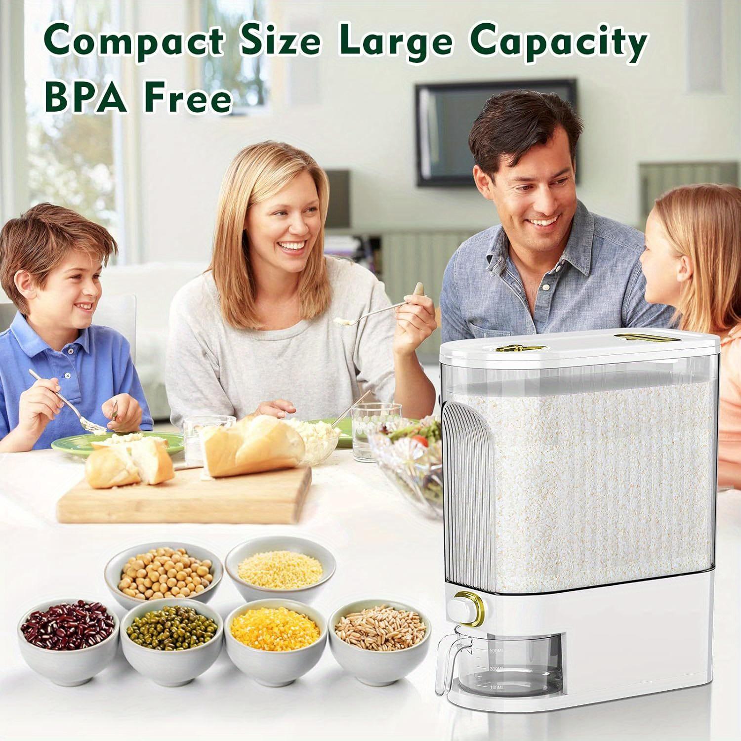 11.02LB/22.05LB rice dispenser, rice bucket，large dry food storage container with measuring cup and time scale, food dispenser for kitchen organizations and pantries, containing dry grains Dustproof Stackable Durable Plastic Multi Compartment Design