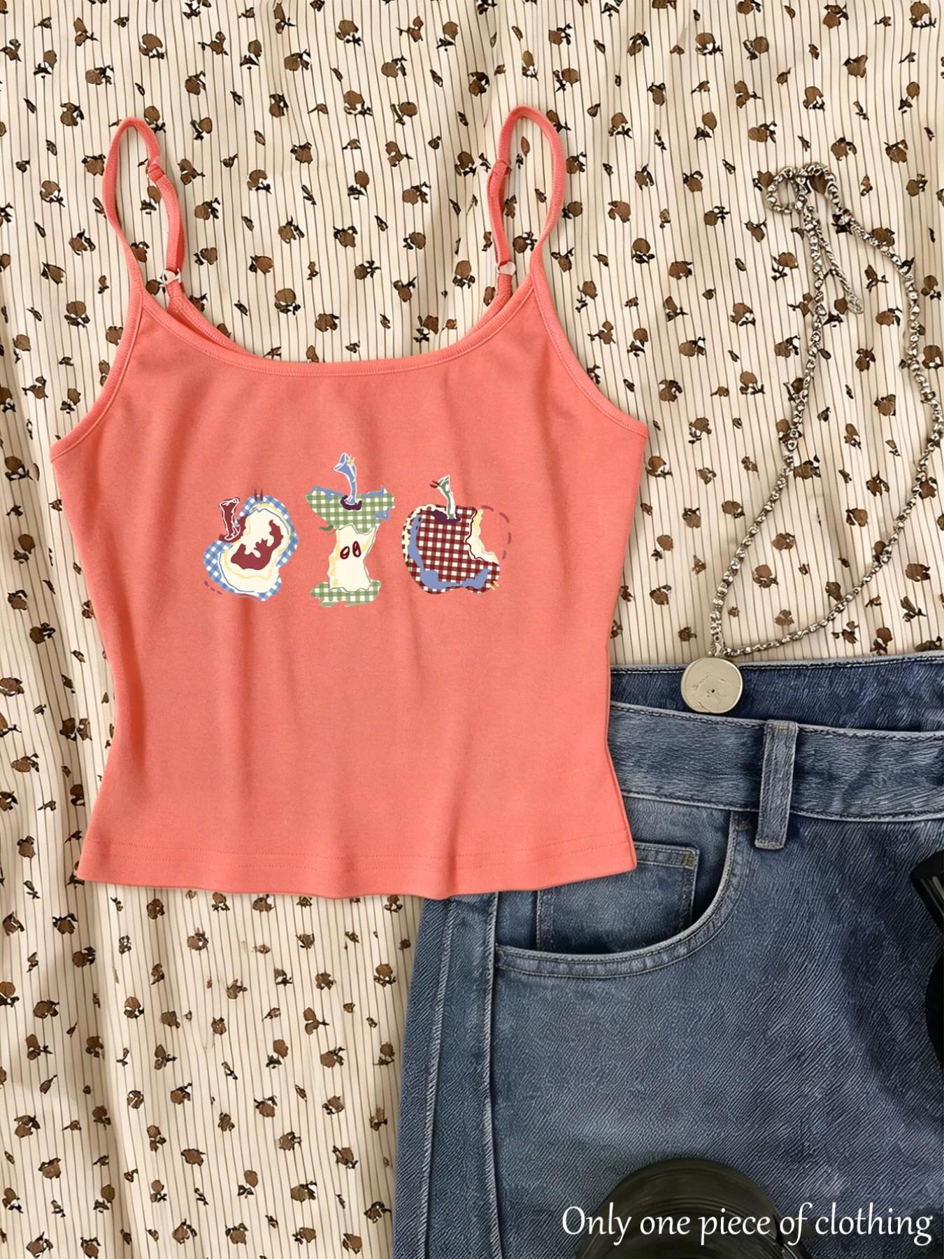 Y2K Style Apple Print Crop Top, Adjustable Shoulder Straps, Slim Fit Sleeveless Shirt, Streetwear Trendy Women's Clothing, Spring Summer New Arrival