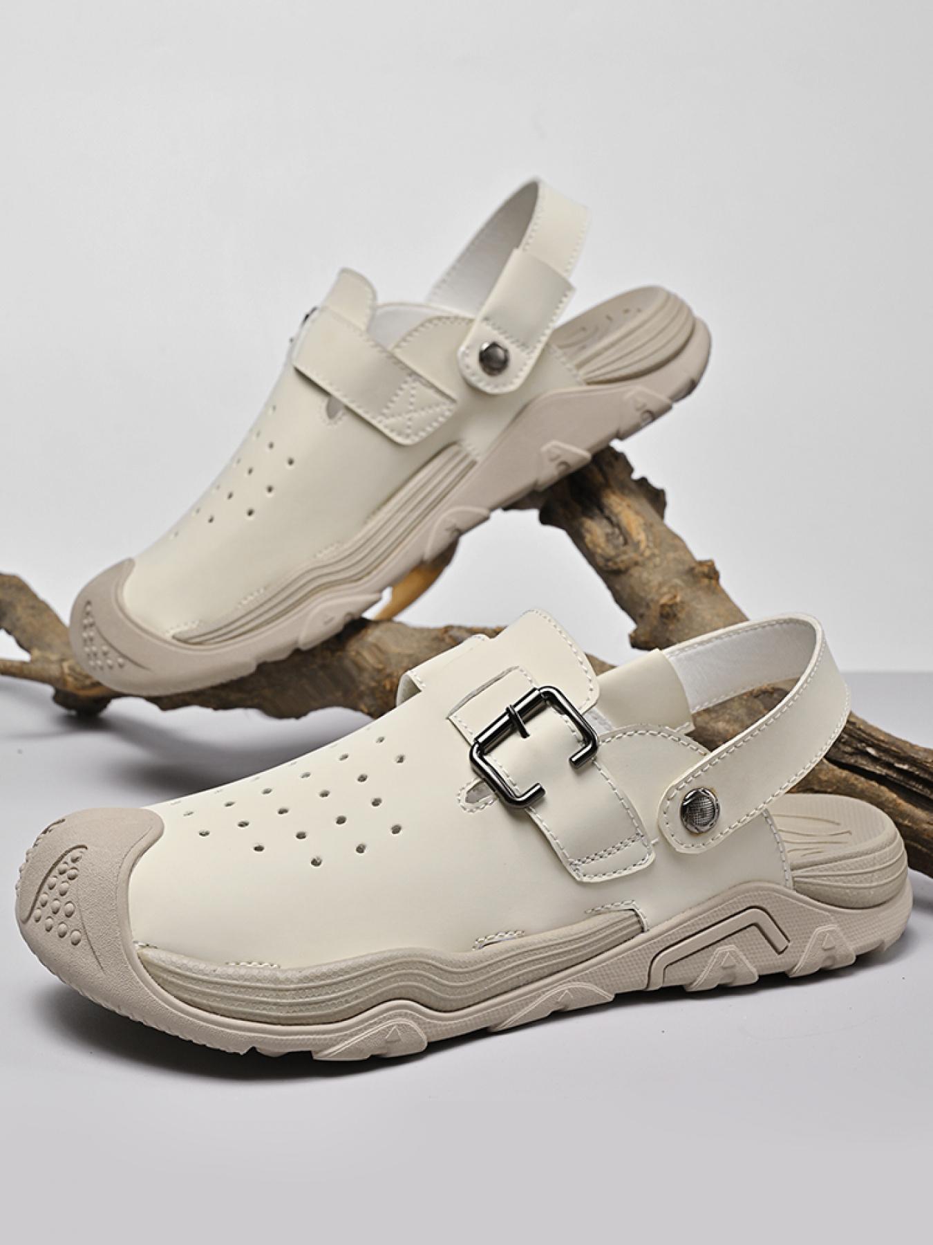 Men's Solid Color Dual-Wear Closed-Toe Perforated Sandals, Adjustable Velcro Non-Slip Beach Shoes, Breathable Outdoor Water-Slippers