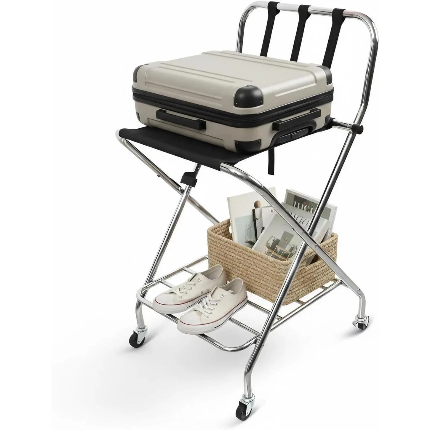 Foldable Metal Luggage Rack with Wheels, 2-Shelf Folding Suitcase Stand, Portable Easy Assembly Luggage Storage Holder for Guest Room Hotel Travel Bedroom