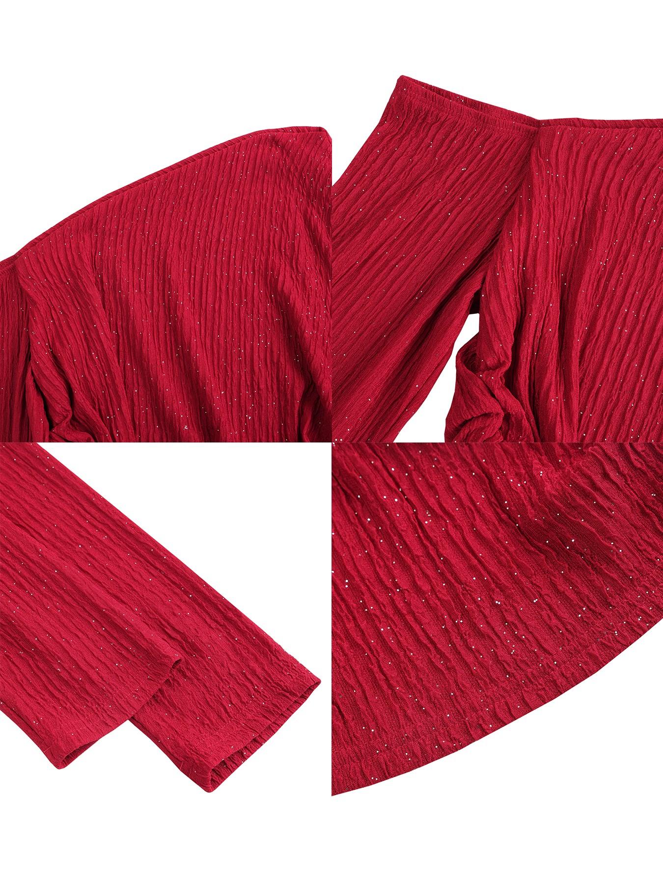 Plus Size Elegant Two-Piece Women's Skirt & Top Set, Plain High Waist Wrinkled Skirt with Long Sleeve Fitted Tee, All Seasons Fashion