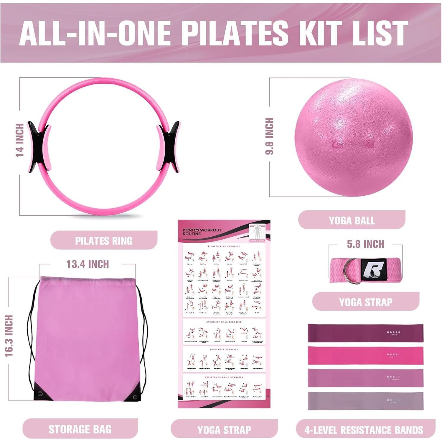 Pilates Kit - 14 Inch Pilates Ring Magic Circle with Pilates Ball, Resistance Bands & Yoga Strap, Pilates Equipment for  Workout Toning , Arms and Core (Black/)