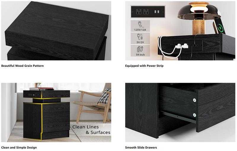 Night Stand with Charging Station, Modern Nightstand with LED Light and 2 Drawers, Bedside Tables/End Table for Bedroom