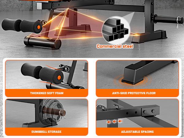 Hapsor Adjustable Weight Bench Set - Multi-Functional Press Rack with Squat Stand, Home Gym Olympic Weight Bench, Removable Foot Catch, Dumbbell Storage, Supports 770LBS, Bold Orange & Black Workout Equipment - Springtok