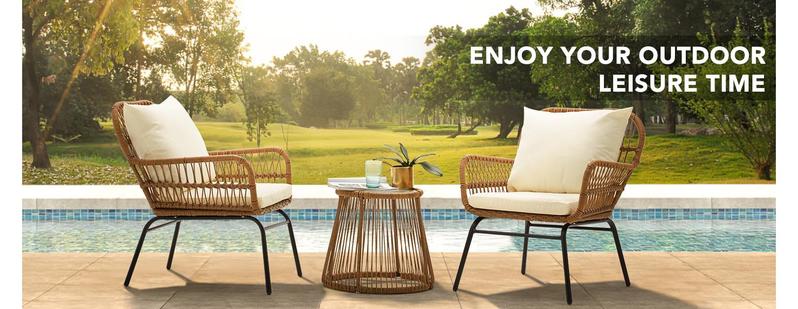 Patio Conversation Bistro Set, Outdoor All-Weather Wicker balcony Furniture with Tempered Glass Top Table Wide Ergonomic Armchairs, Seat Cushions for Porch, Backyard