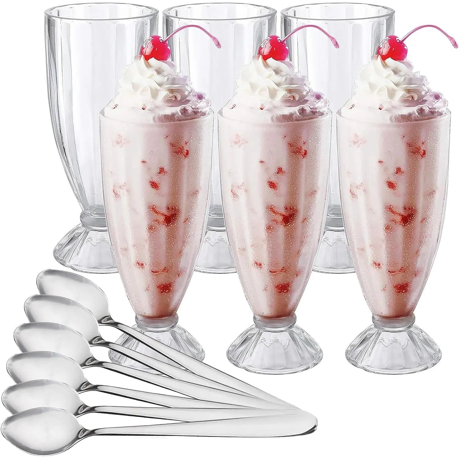 Set of 6 Milkshake Glass, 12oz Old Fashion Sundae Cups, Retro Ice Cream Float Glasses, Heavy Base Soda Fountain Glassware with 6 Long Stainless Steel Spoons