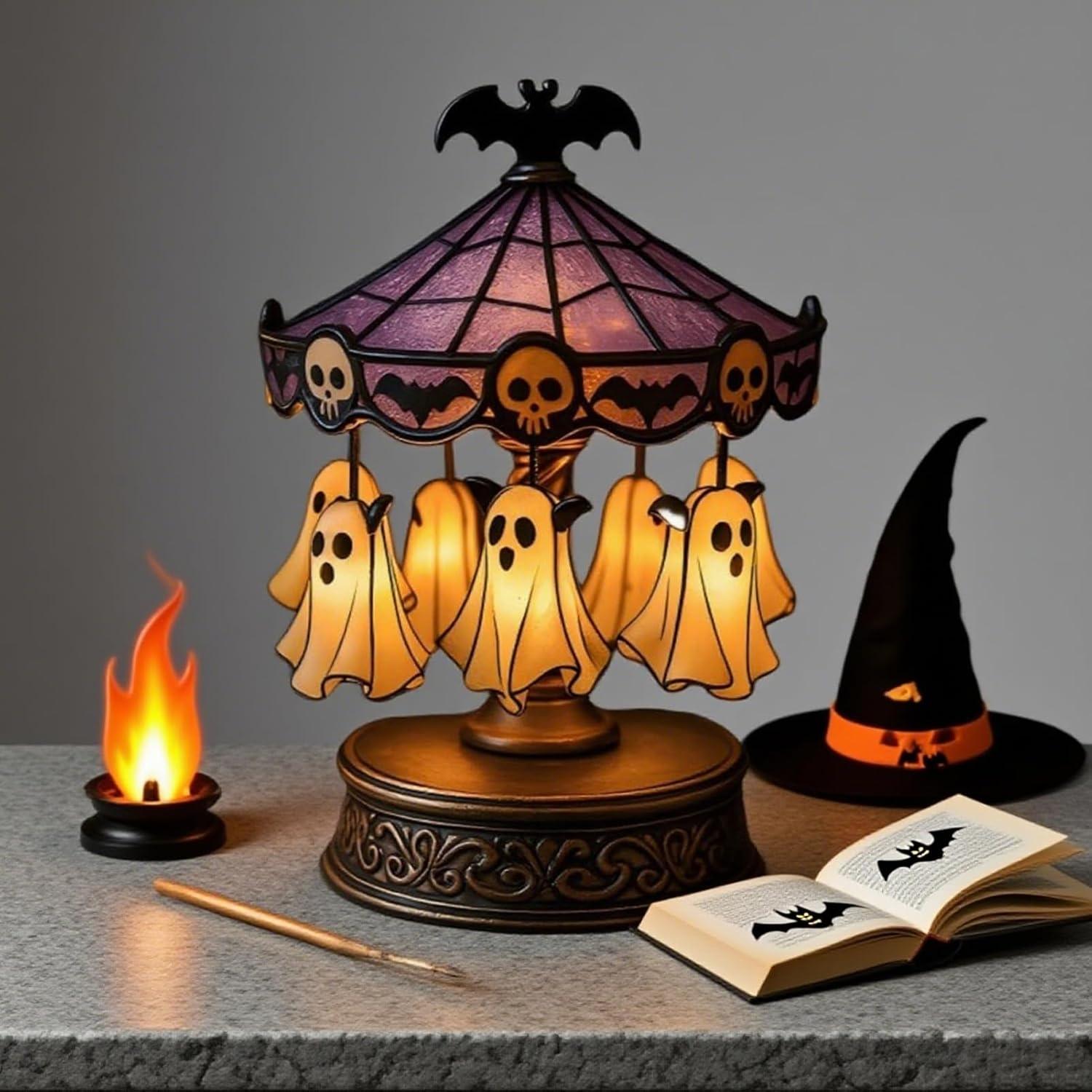 Cute Halloween Ghost Carousel Night Light, Antique Stained Glass, Vintage Carousel Decor, Indoor Home Party Kitchen Table