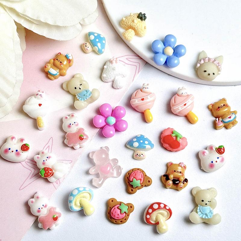 100PCS Cartoon Kawaii Resin Nail Charms 3D Creative Colorful Rabbit Bear Candy Mushroom Mixed Decorations DIY Hairpin Phone Cases Manicure Supplies
