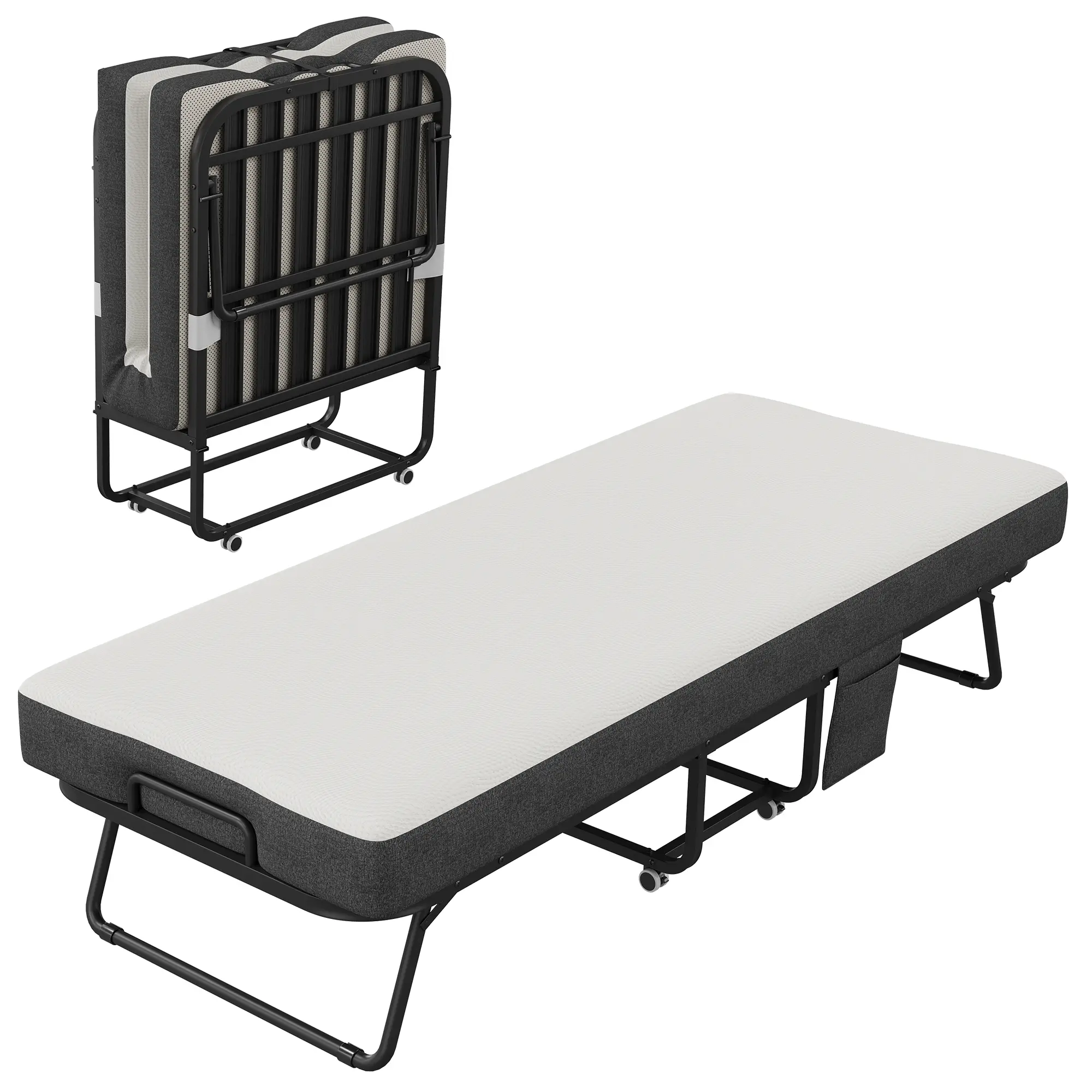 Rollaway Folding Bed with 5 Inch Memory Foam Mattress & Storage Pocket, 450 lb Capacity Squeak Free Metal Frame Portable Guest Bed with Lockable Wheels for Travel